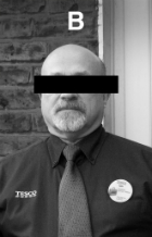 Ian Bourn black and white publicity shot of man in Tesco uniform with black bar superimposed over his eyes